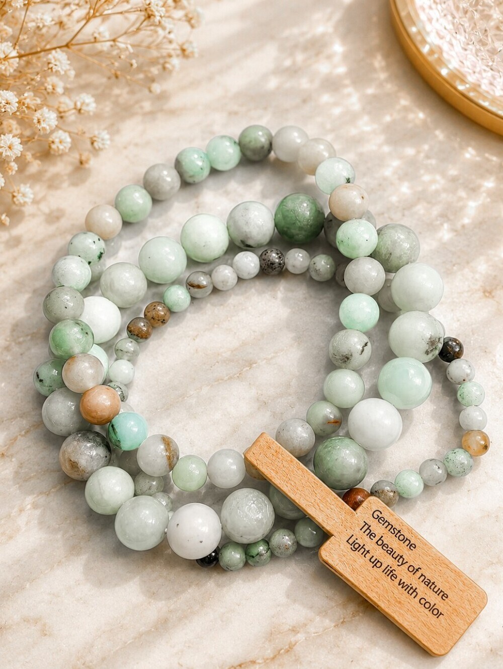 3pc Natural Amazonite Gemstone Stretch Bracelet Set Boho Crystal Beaded Jewelry